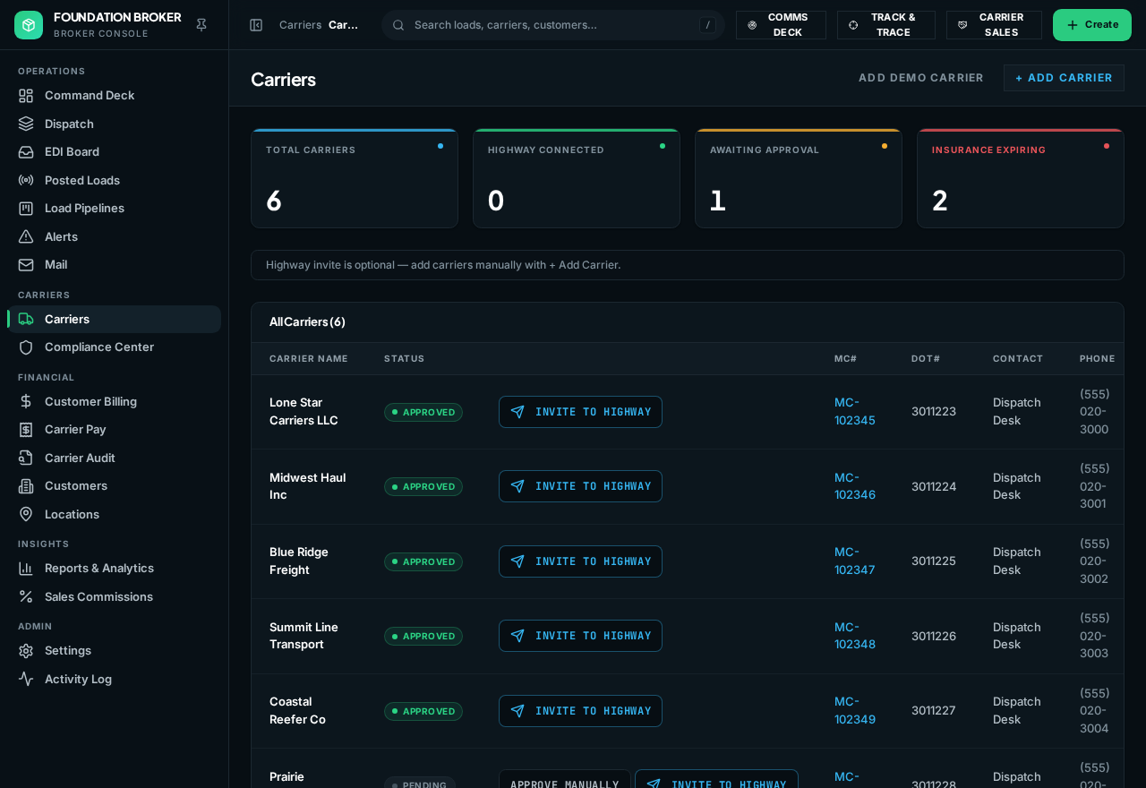 Carrier Management & Compliance in Foundation Broker with sample data
