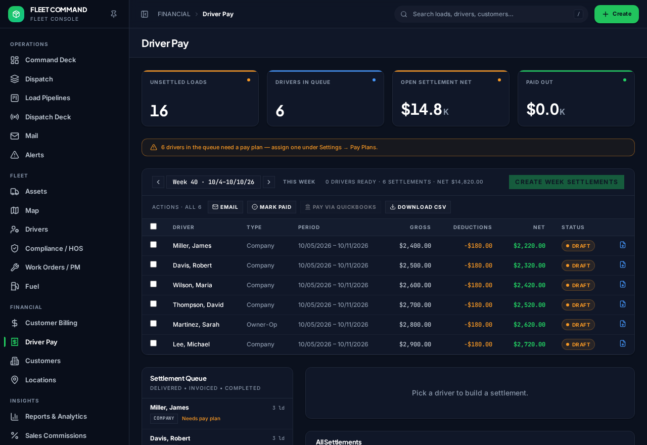 Driver Pay & Settlements in Foundation Carrier with sample data