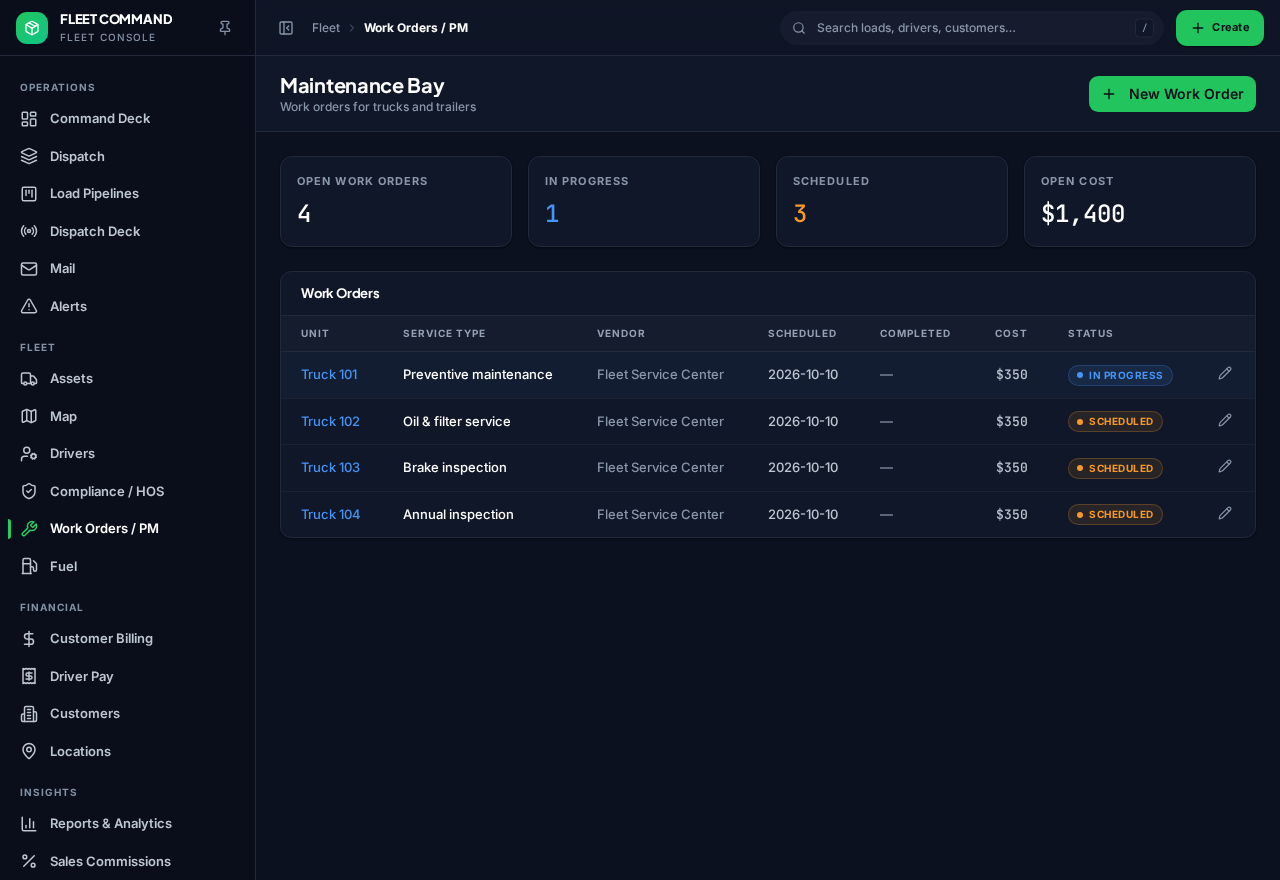 Maintenance & Work Orders in Foundation Carrier with sample data