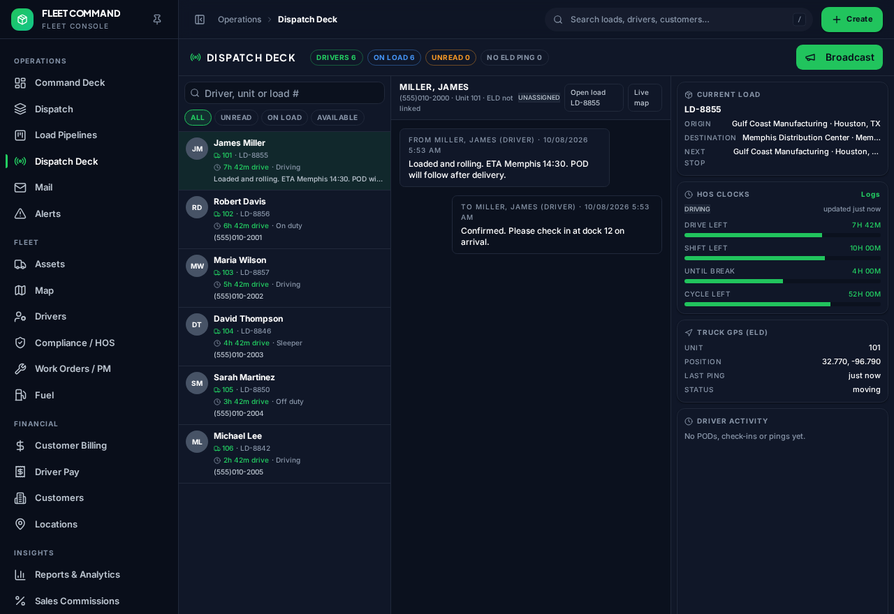 Operations & Dispatch in Foundation Carrier with sample data