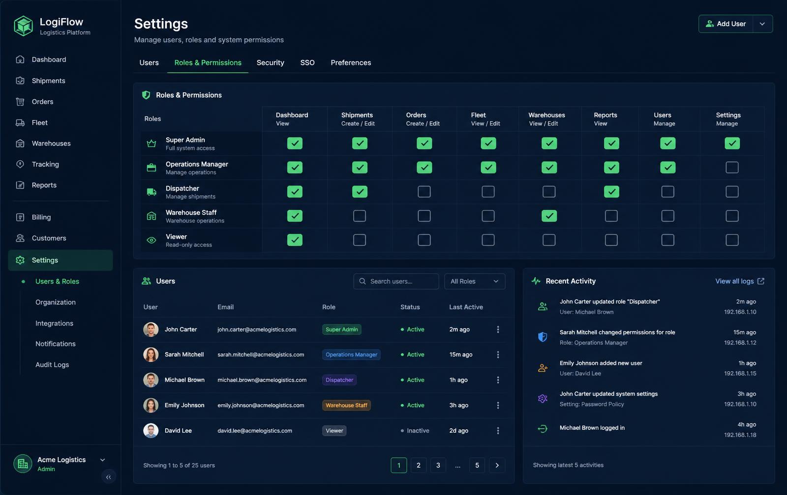 Admin & Control screens in the Foundation TMS core
