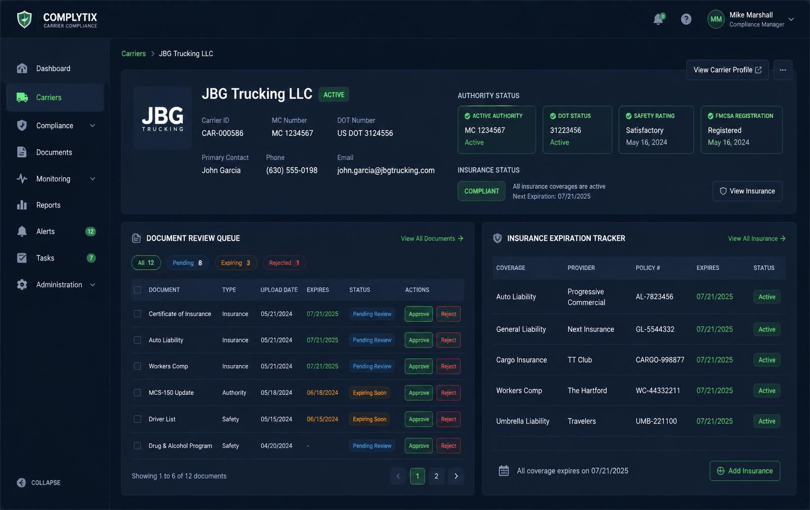 Carriers & Compliance screens in the Foundation TMS core