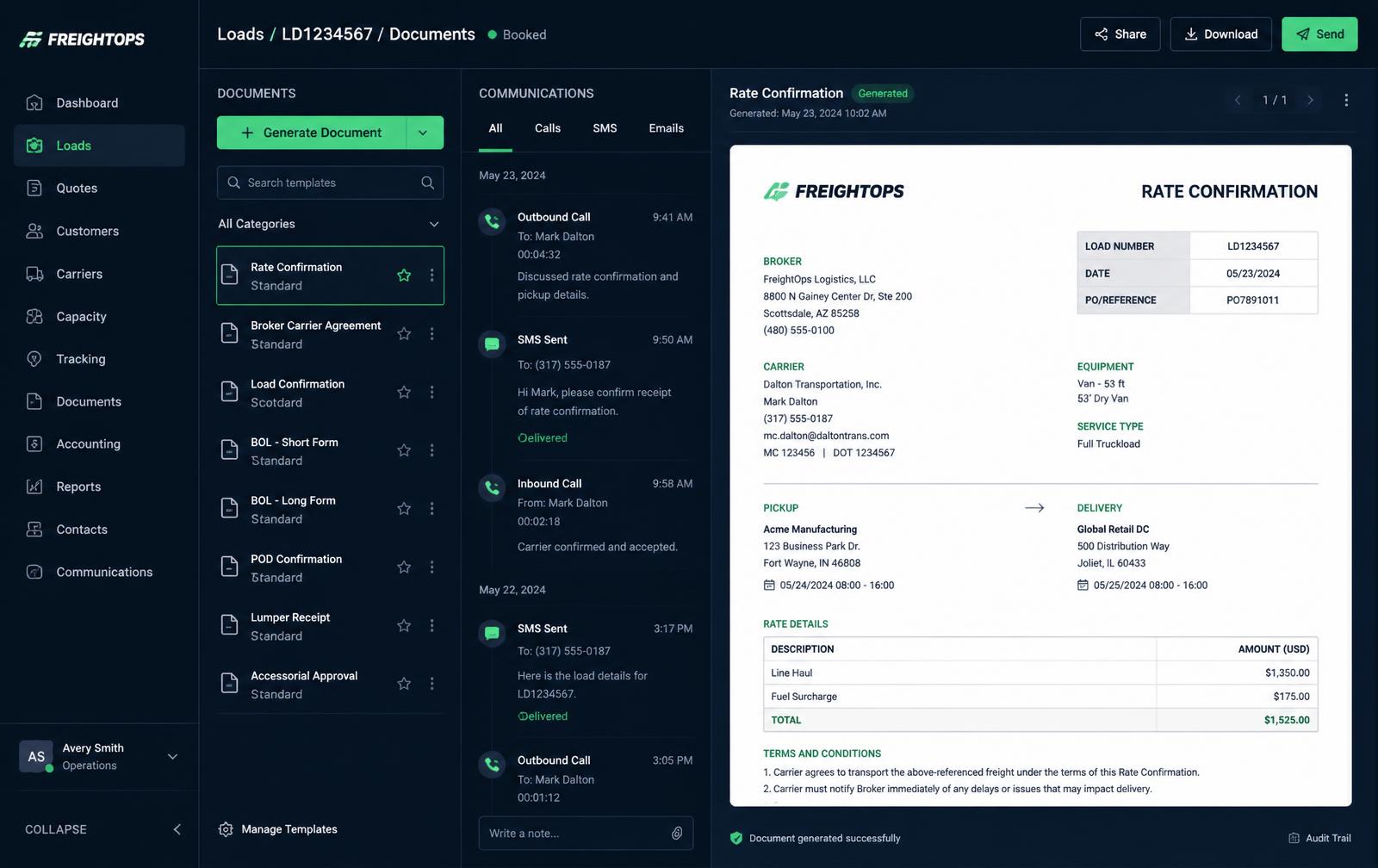 Documents & Communications screens in the Foundation TMS core