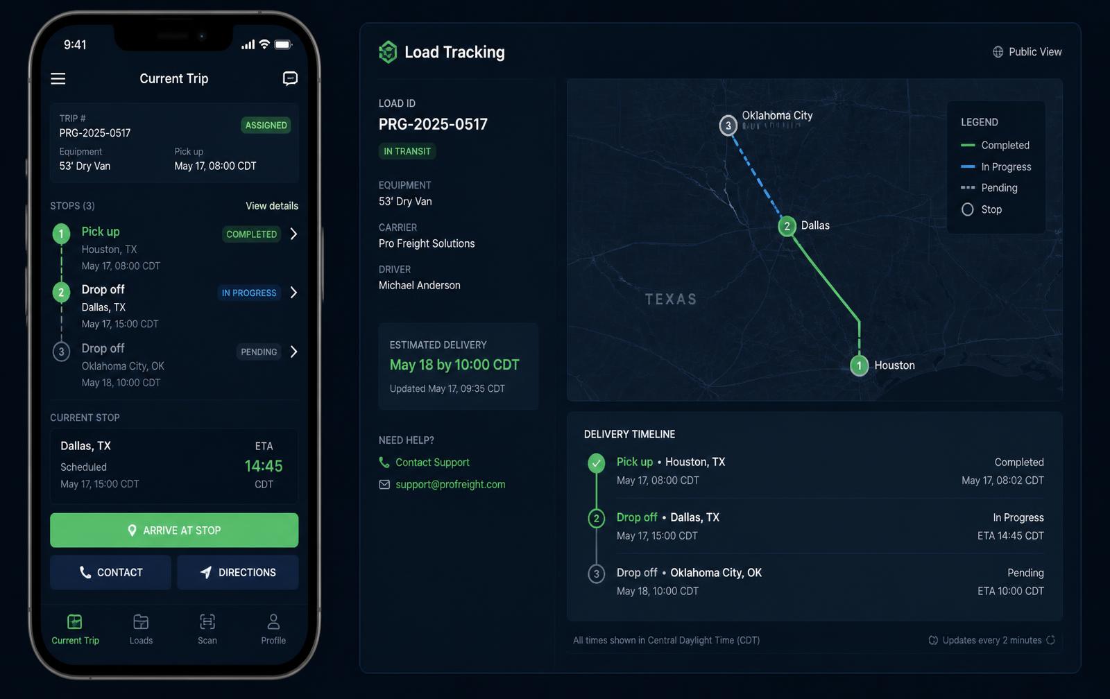Driver & Customer Experience screens in the Foundation TMS core